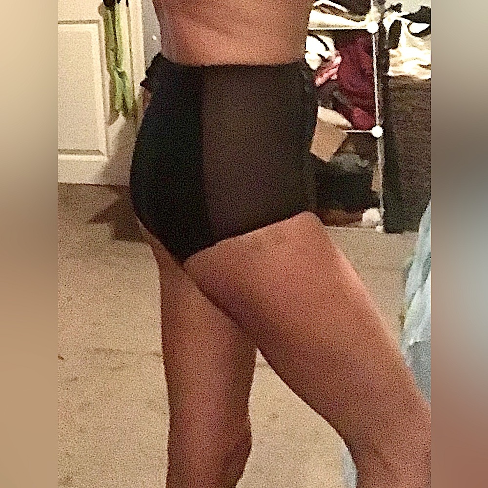 High waisted Black Boy Short Bikini Bottoms w/Sheer Mesh sides—Small, Never Worn